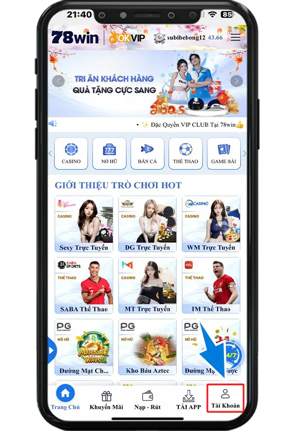 Bước 1 : Tại Trang Chủ , Chọn Tài Khoản